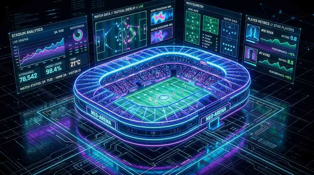 3D tactical simulator rendering a green football pitch